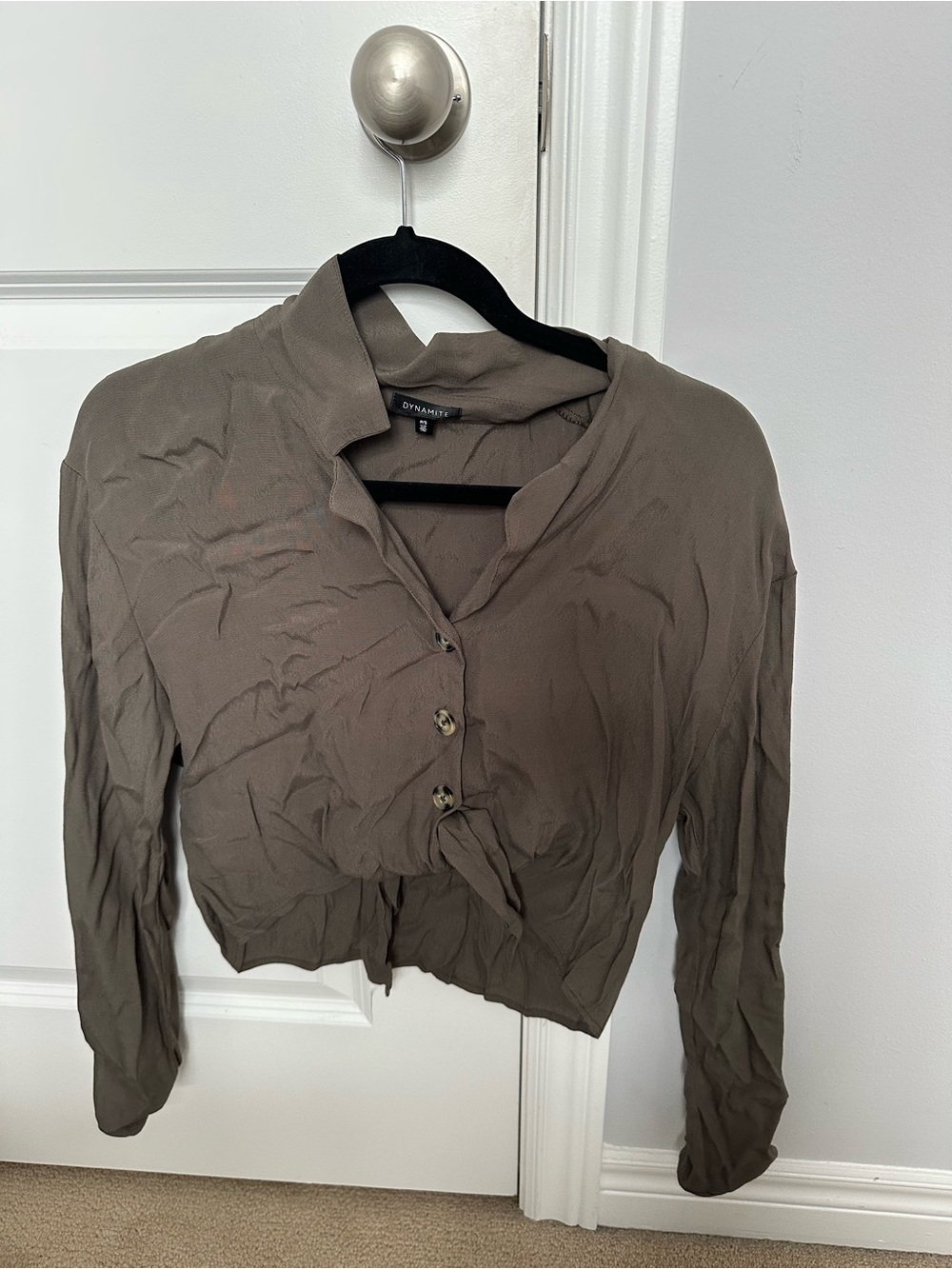 Dynamite Olive Button-Front Tie Hem Long Sleeve Top